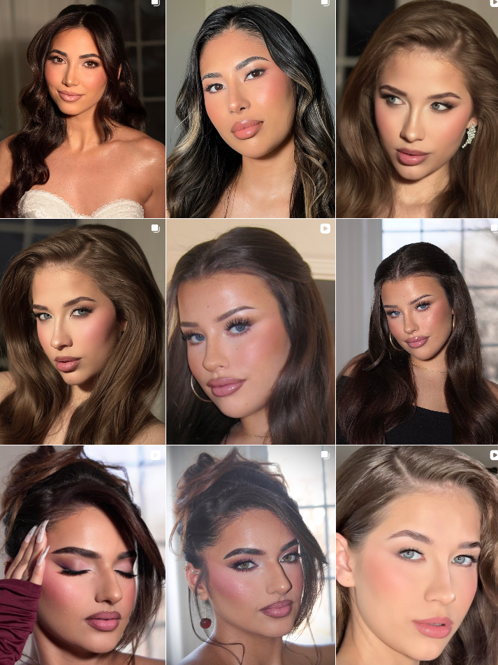 A collection of glamour portraits showing dramatic makeup looks with smokey eyes and glossy lips in various poses.