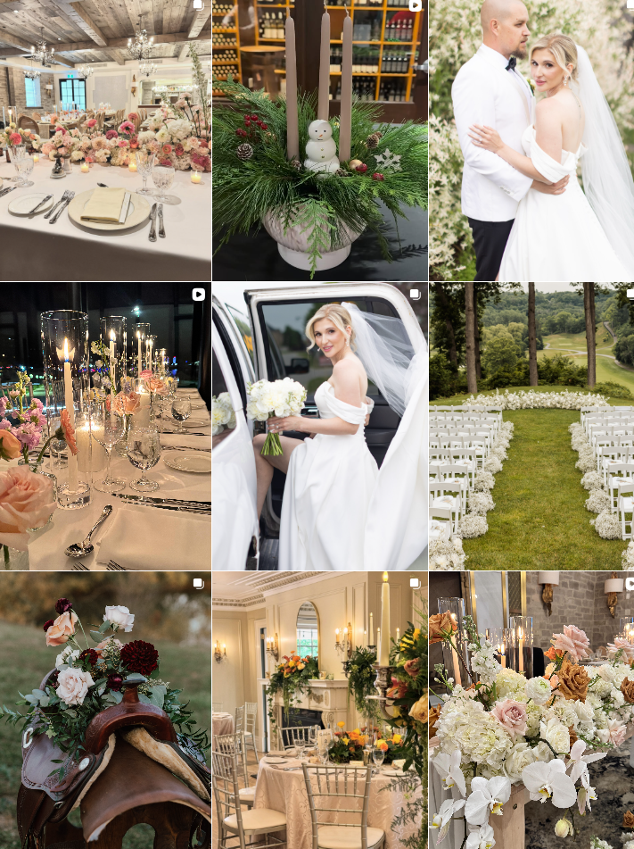 An elegant wedding reception venue features romantic floral arrangements and table settings with a mix of rustic and classic decor.