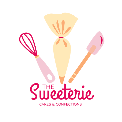 A pink and orange bakery logo featuring a piping bag, whisk, and spatula with 'The Sweeterie Cakes & Confections' text.