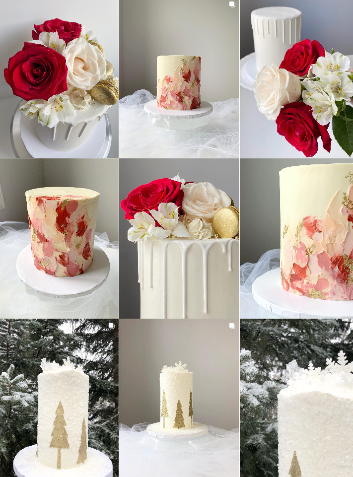 A collage of wedding cakes decorated with red and white roses featuring drip designs and textured buttercream finishes.