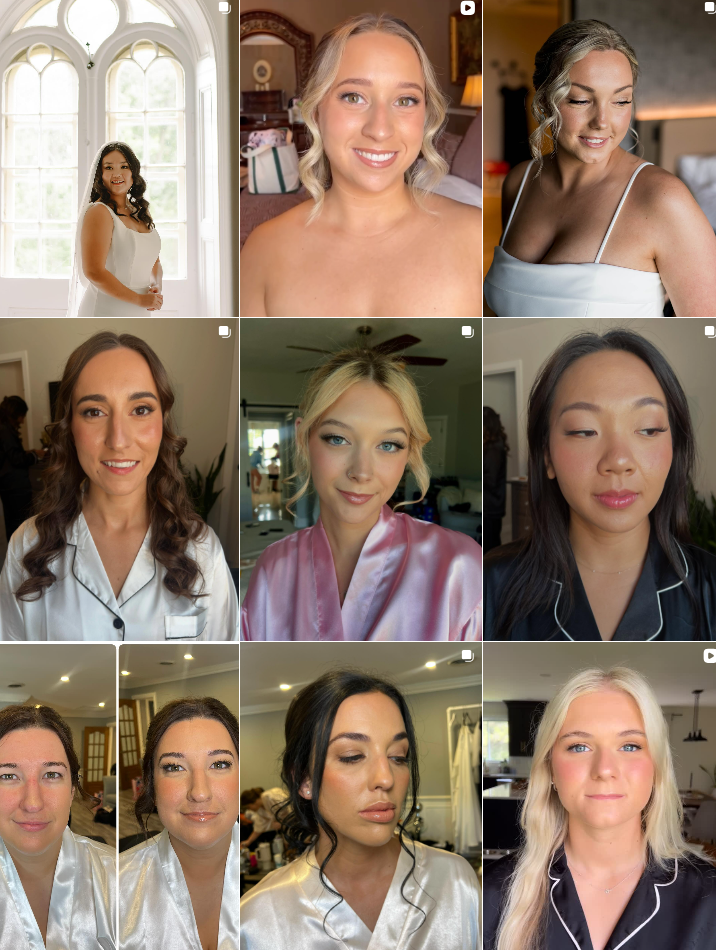A collection of nine beauty portraits showing different makeup and hair styling looks in various settings.