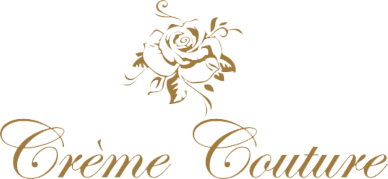 Elegant gold floral design with text reading 'Creme Couture' in ornate script lettering against white background.