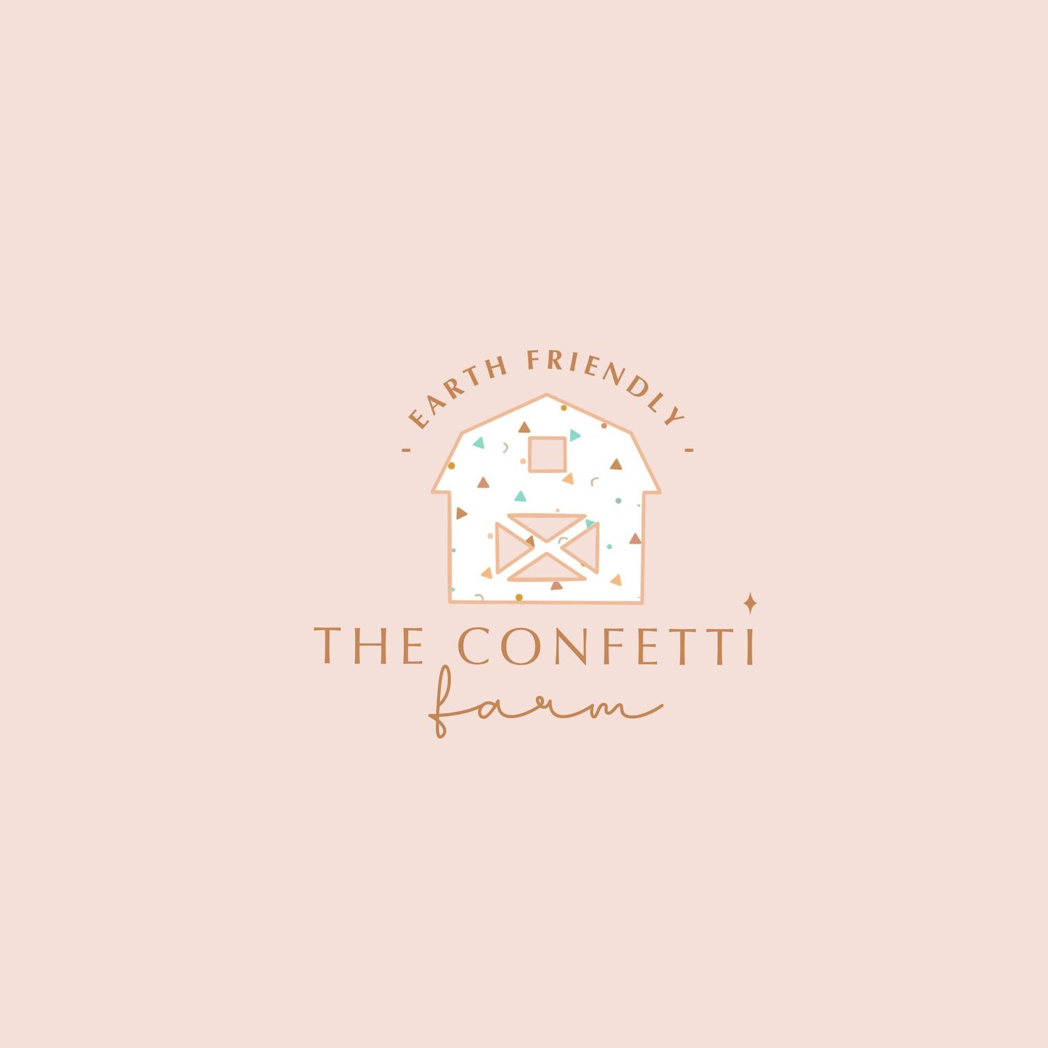 Three circular logo designs in peach tones featuring farm and confetti text with decorative elements.
