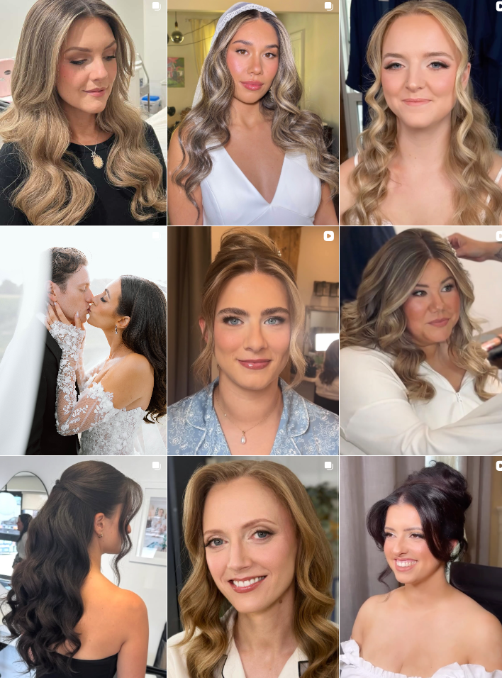 A collage of nine professional hair and makeup styling photos showing various elegant hairstyles and bridal looks.
