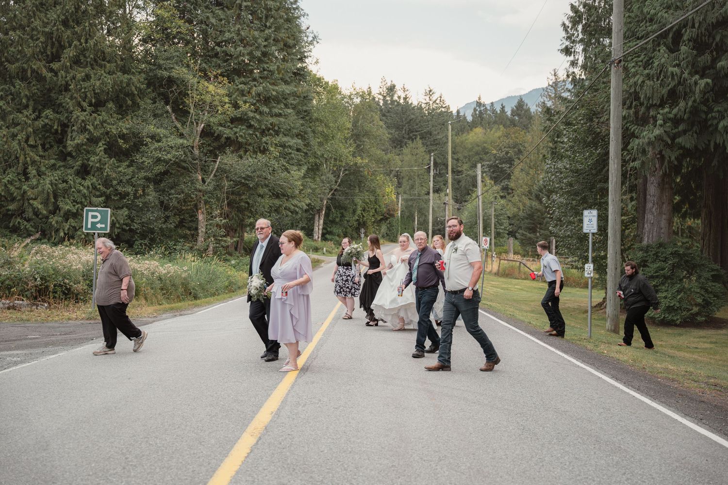Wedding party crosses a rural road with tall trees and mountains in the background on a cloudy day.