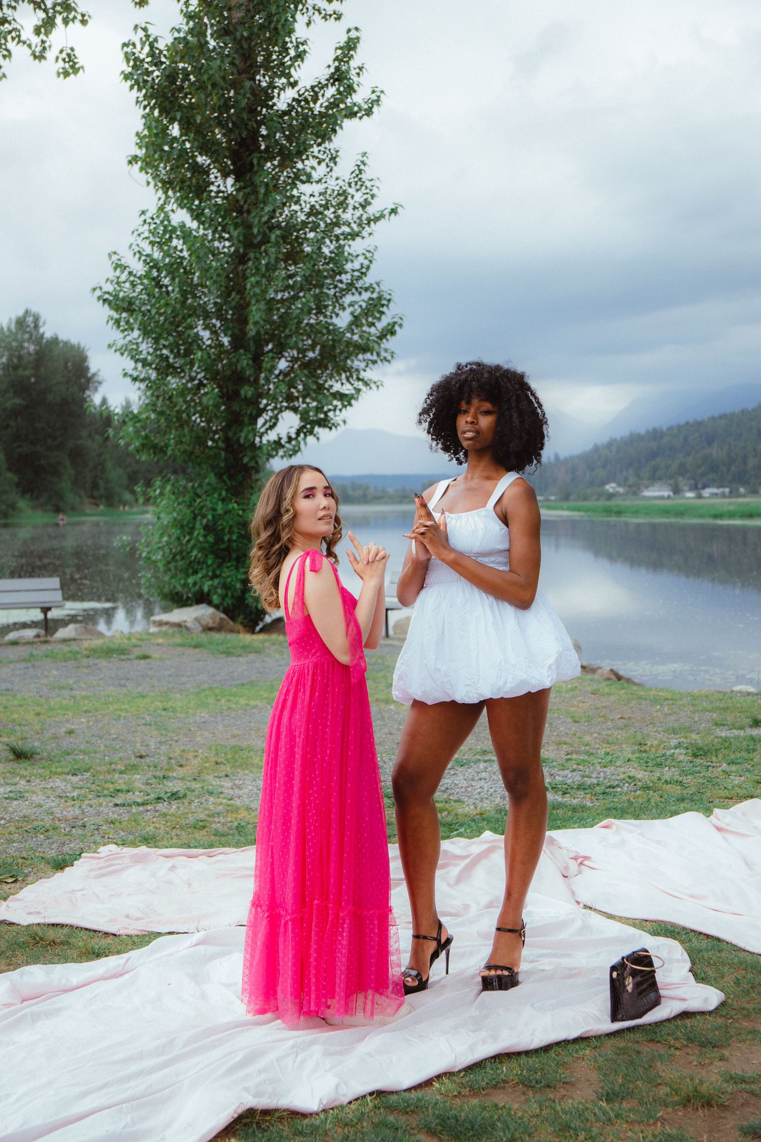 Two women in pink and white dresses posing on blanket near tree by scenic mountain lake.