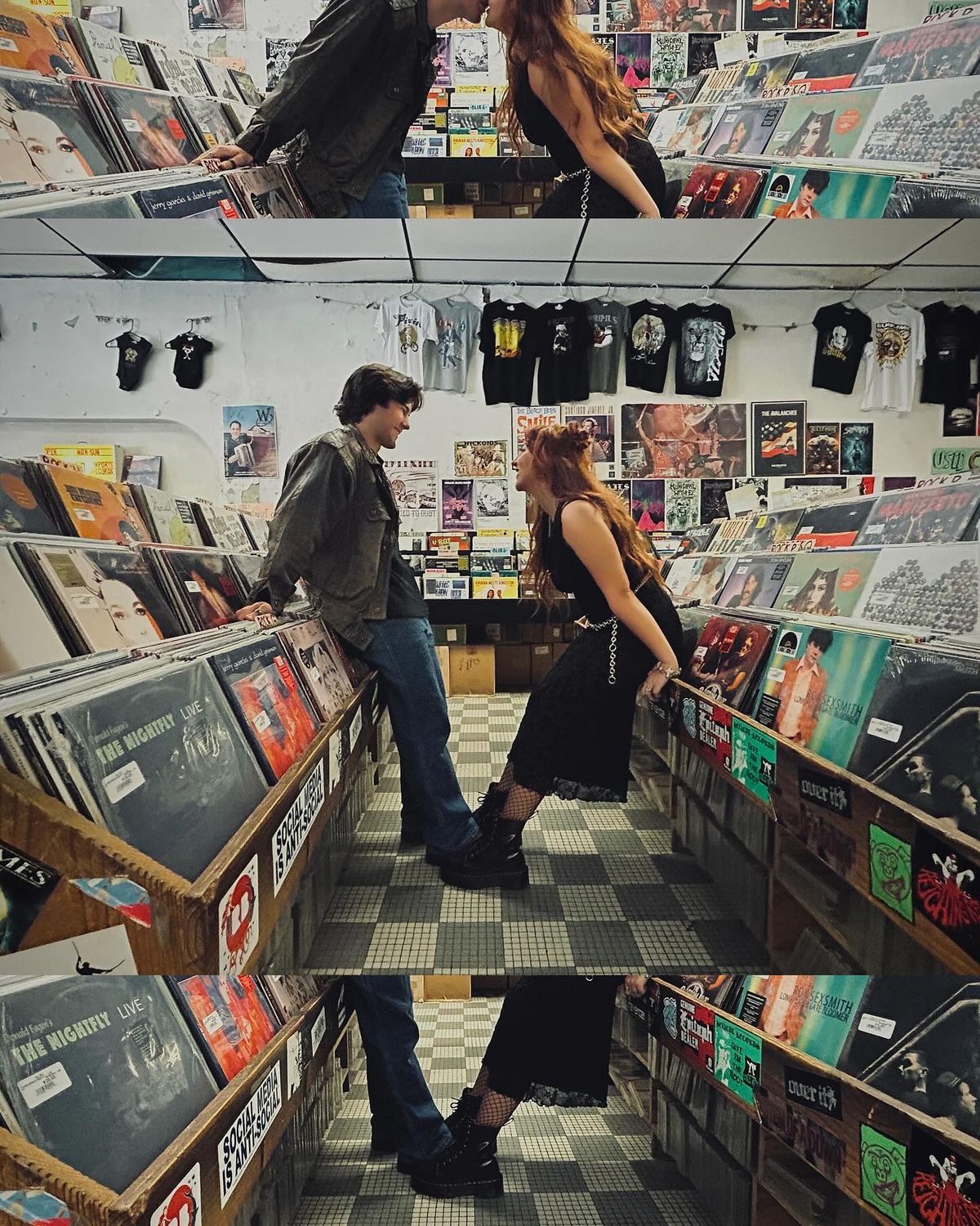 Couple browsing vinyl records together in a retro music shop filled with albums and band posters.