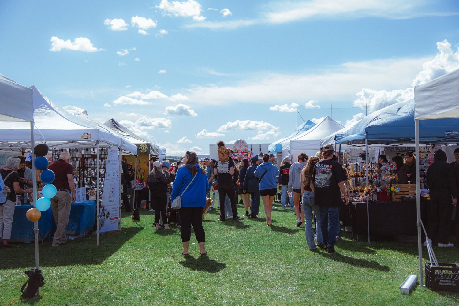 Crowd of people exploring vendor tents and booths at a sunny outdoor festival marketplace.