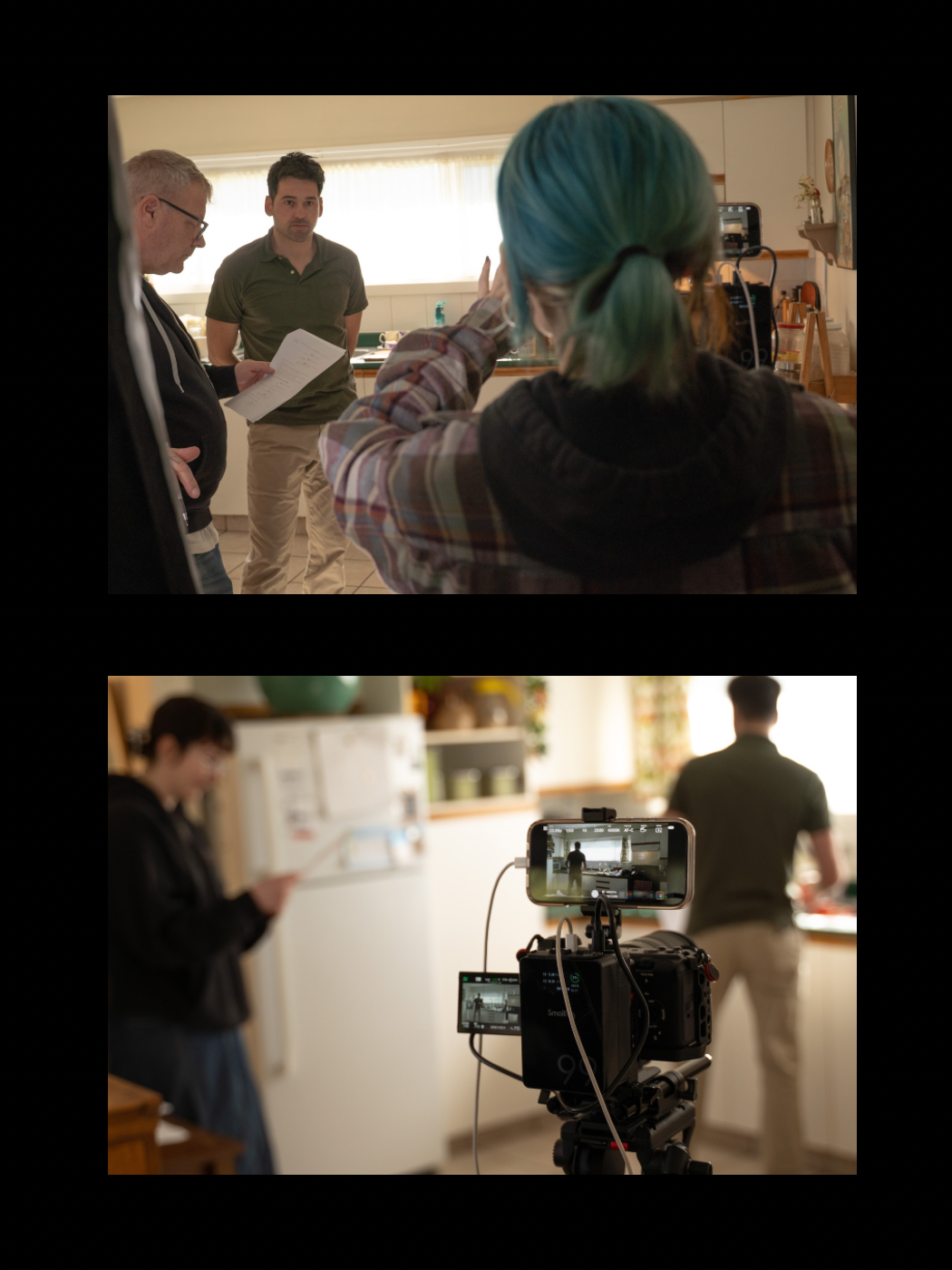 A blue-haired director gestures toward actors during a film production shoot in a residential kitchen.