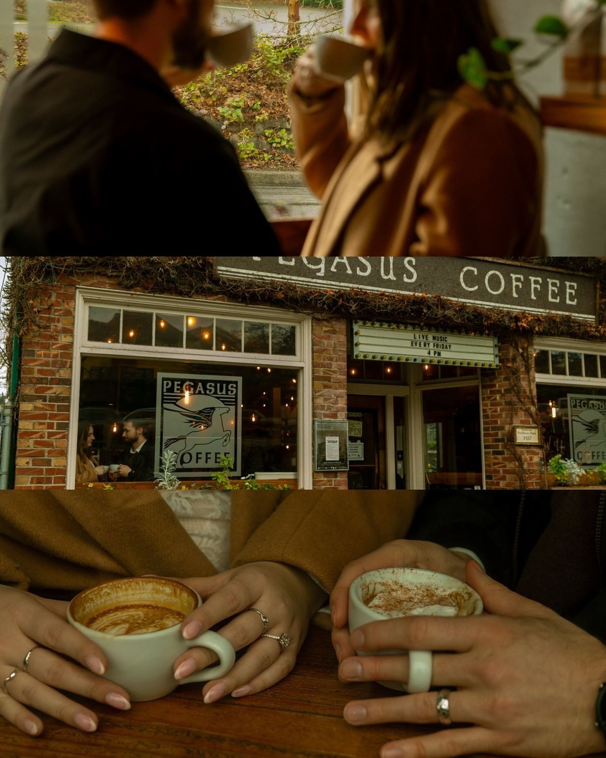Couple sharing lattes at Pegasus Coffee shop, hands wrapped around warm cups on a wooden table.