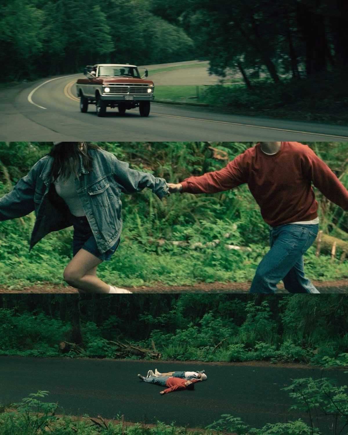 A dramatic film scene showing a truck on a winding road, two people running, and a doll on pavement.