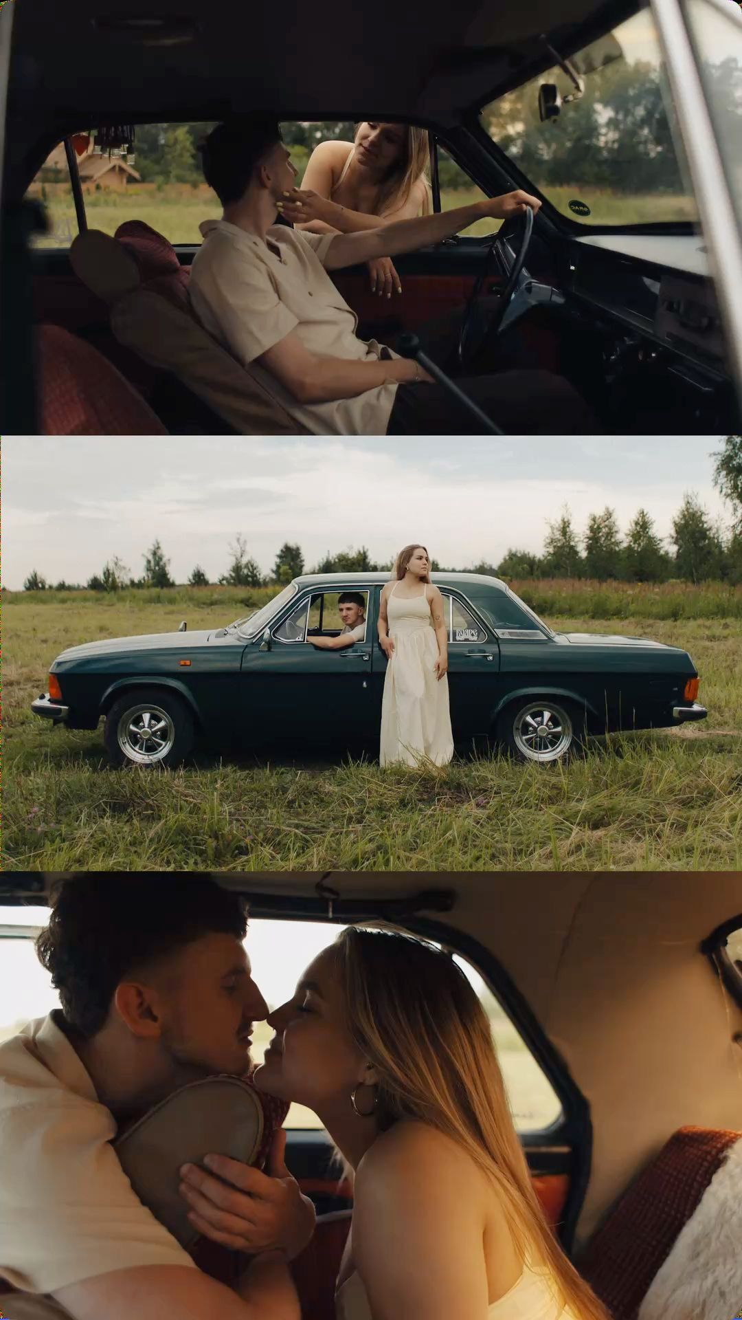 A couple shares romantic moments in and around a vintage teal car in a green field, including a tender kiss inside the vehicle.