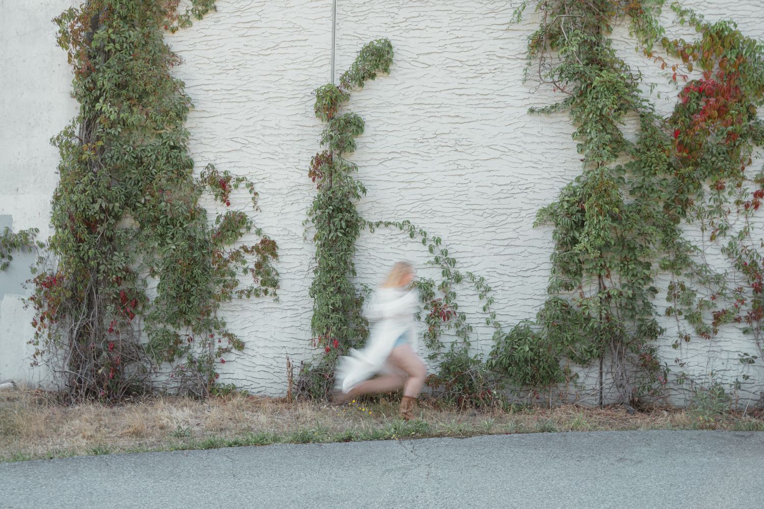 Blurred figure in white dress running past ivy-covered white brick wall with red flowers.