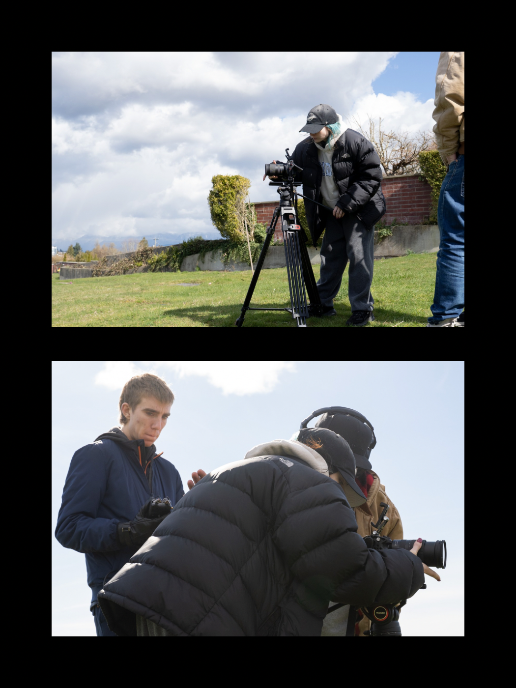 Film crew shooting outdoors on a sunny day with a camera on tripod, reviewing footage on set.