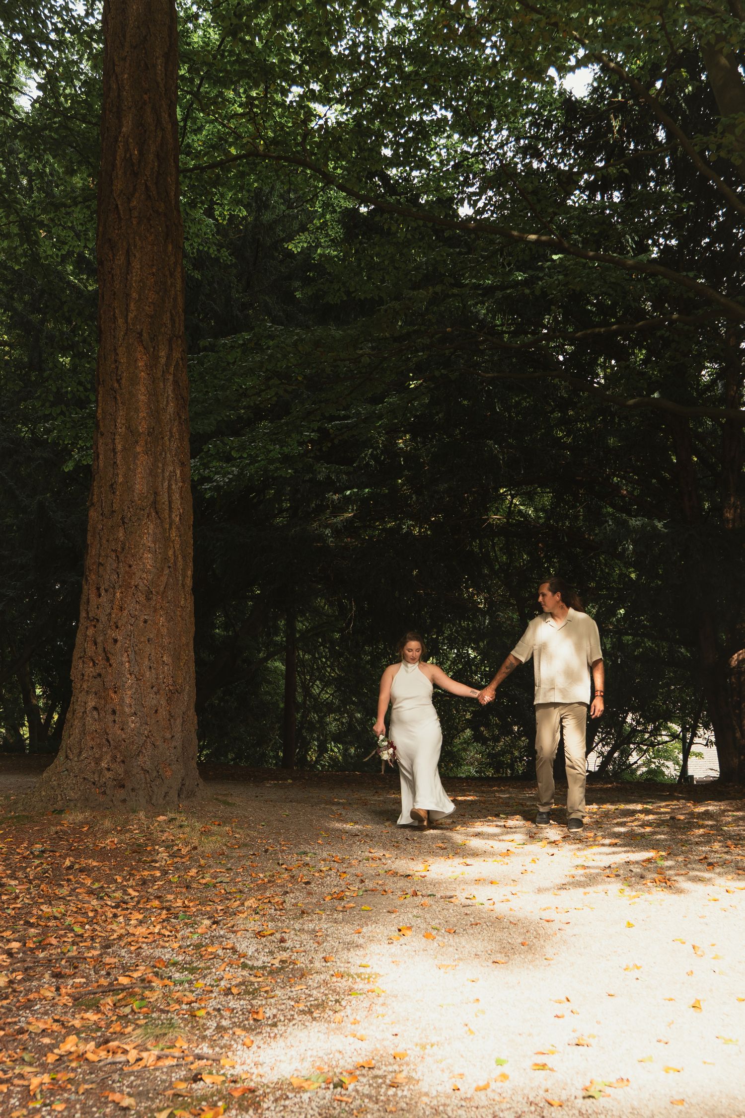 Couple holding hands walking on a sunlit forest path surrounded by tall trees and autumn leaves.
