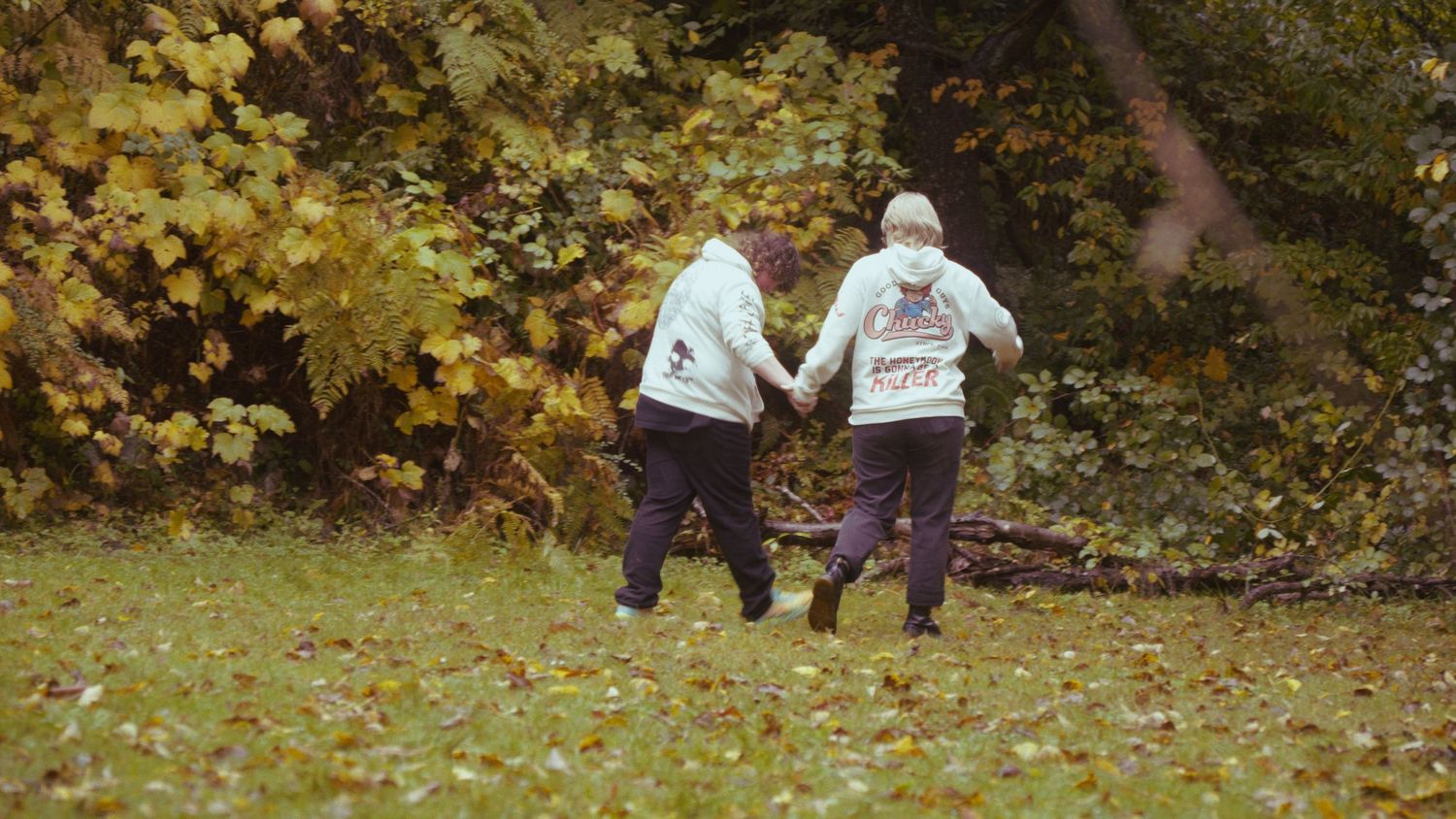 Two people in matching hoodies holding hands walking through an autumn garden.