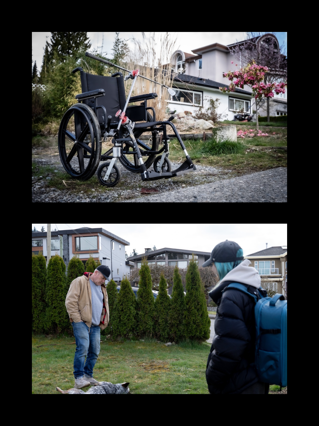 A wheelchair in a yard above two people talking outdoors in a residential neighborhood.