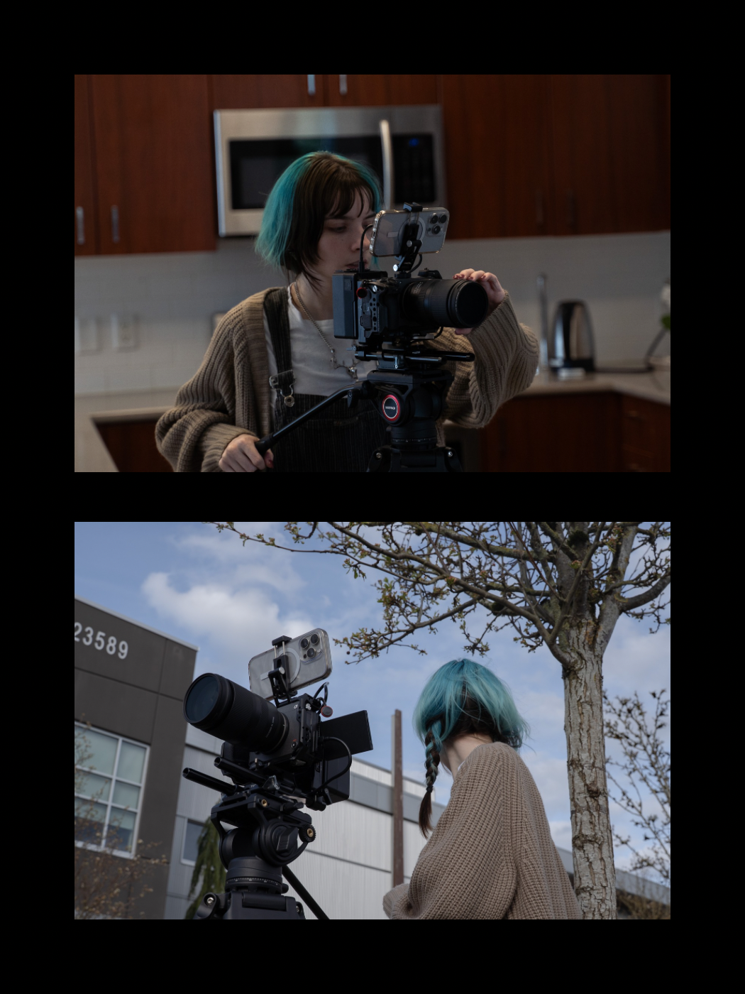 Female cinematographer with teal hair operating a professional camera on set indoors and outdoors.