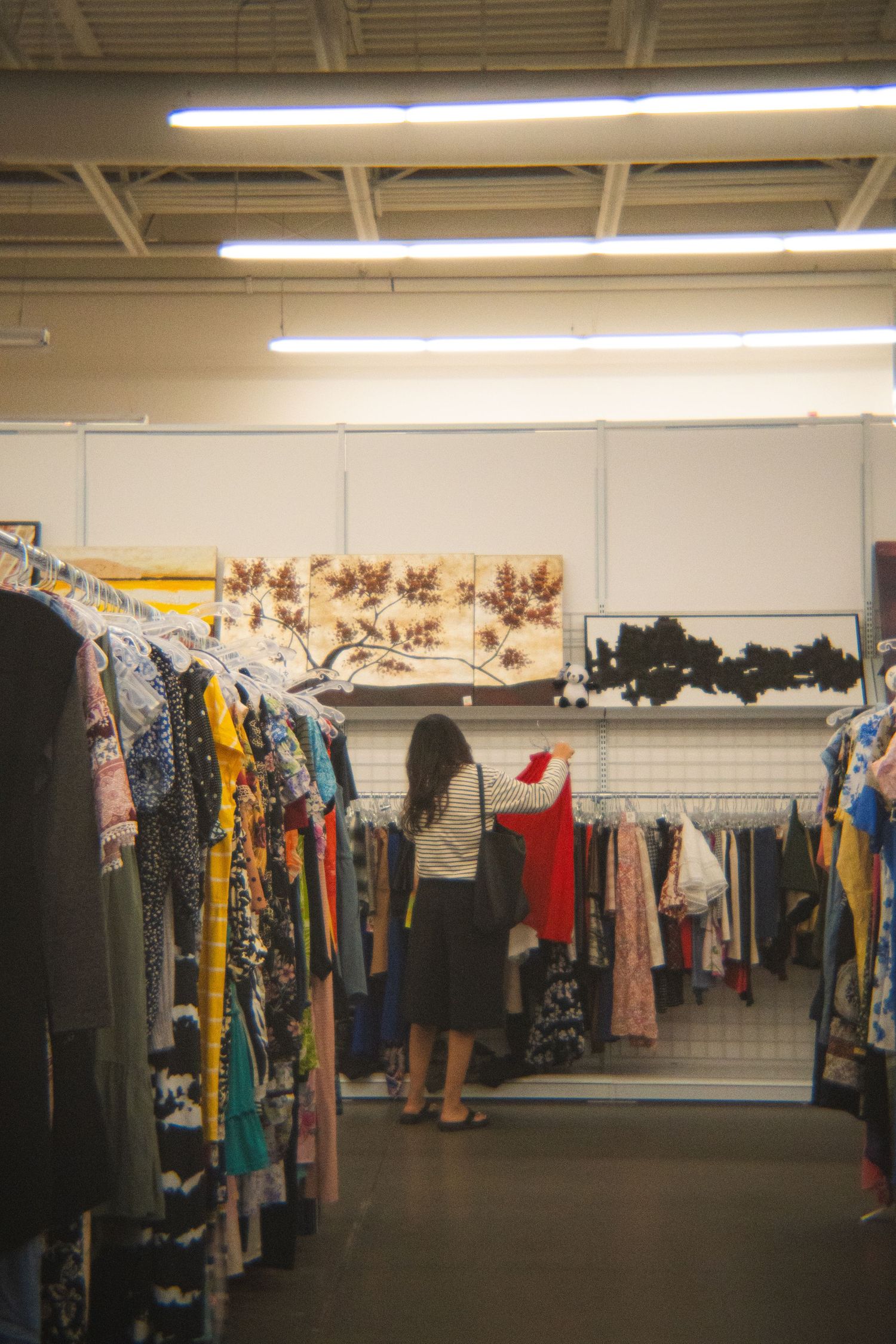 Woman browsing colorful clothing racks in a well-lit thrift store with decorative wall art.
