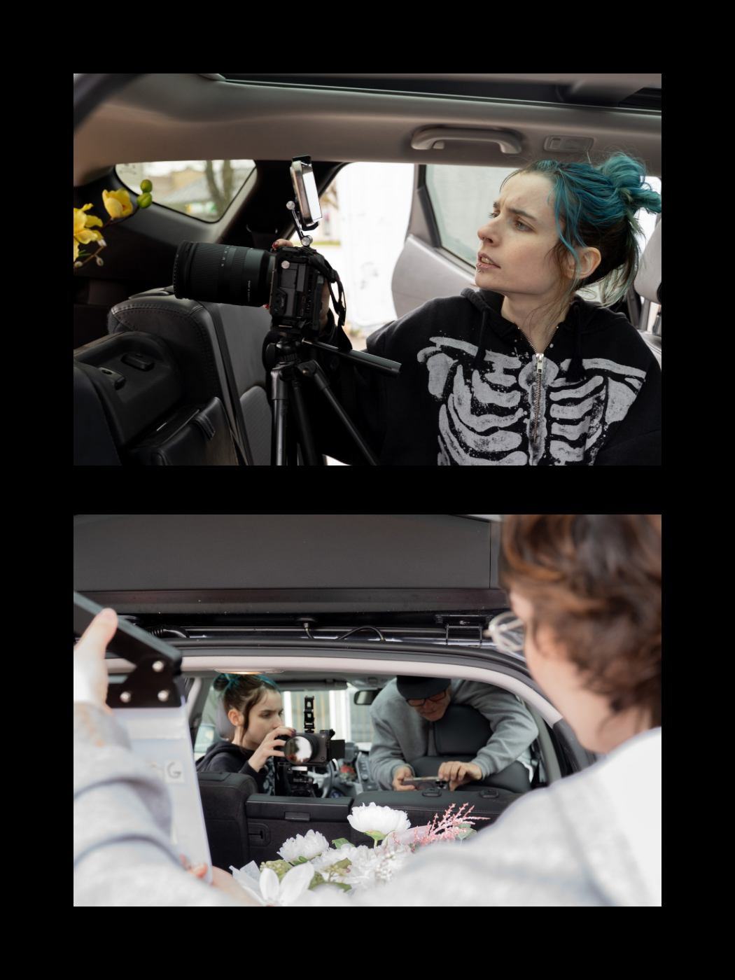 Female filmmaker with teal hair operating a camera mounted inside a vehicle during a car scene shoot.