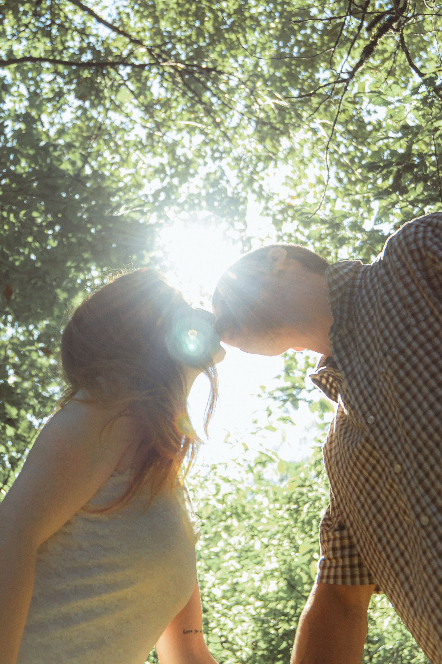 A romantic couple shares a kiss beneath sunlit trees, with bright lens flare illuminating the scene.