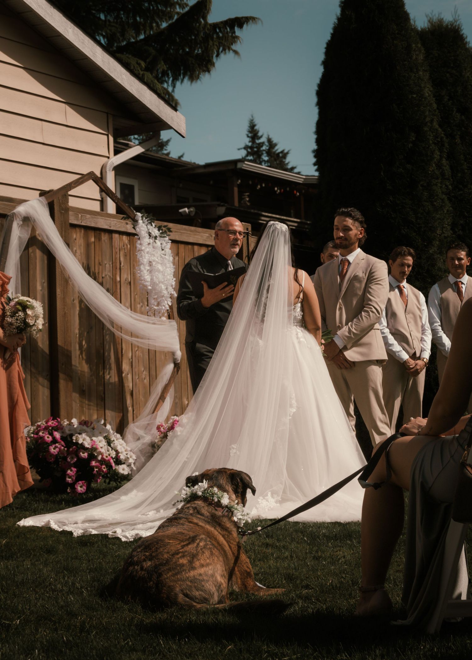 Outdoor backyard wedding ceremony with bride in white gown and veil, groom, officiant, and a dog wearing floral crown.