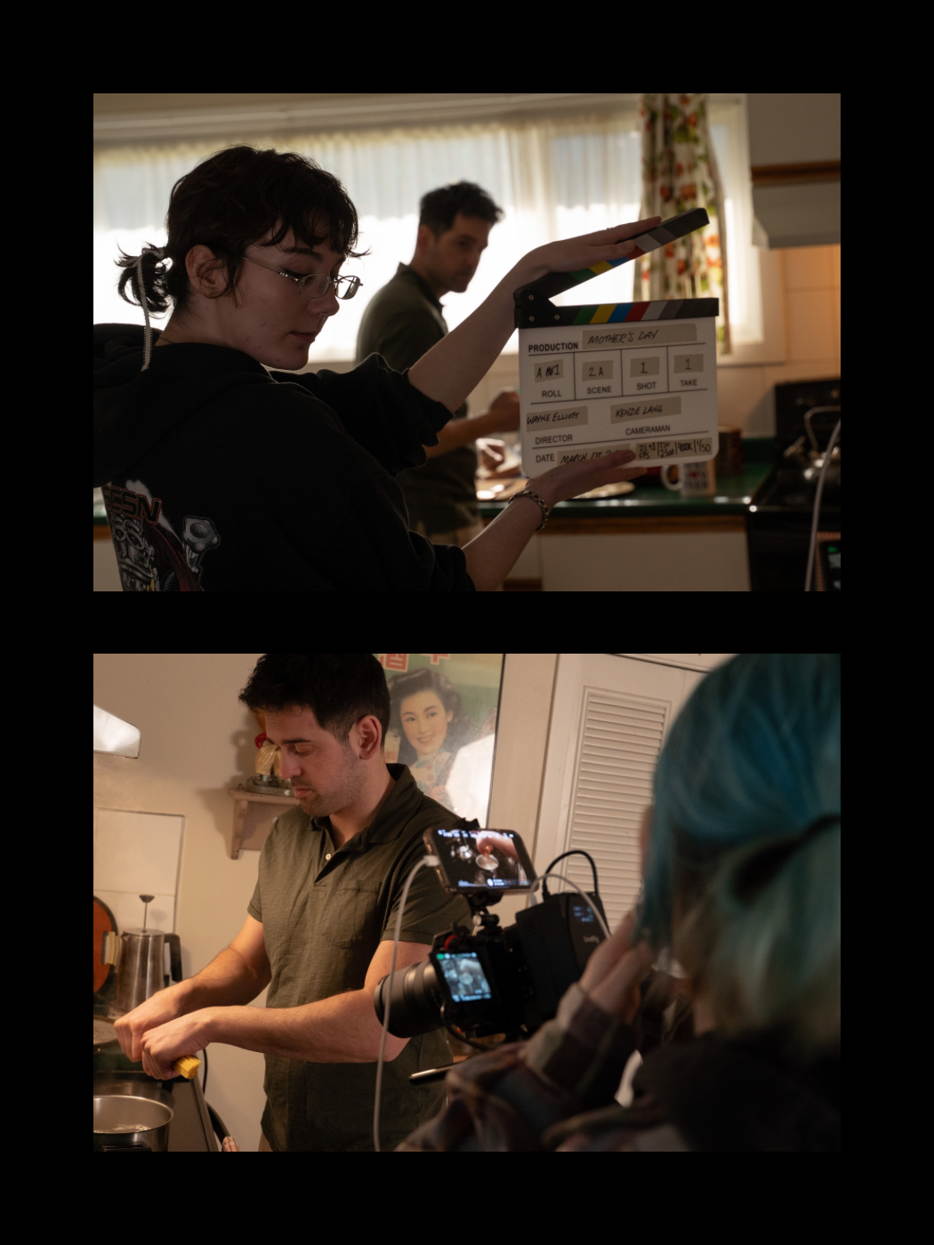A film crew member holds a clapperboard while a cinematographer films an actor cooking in a kitchen.