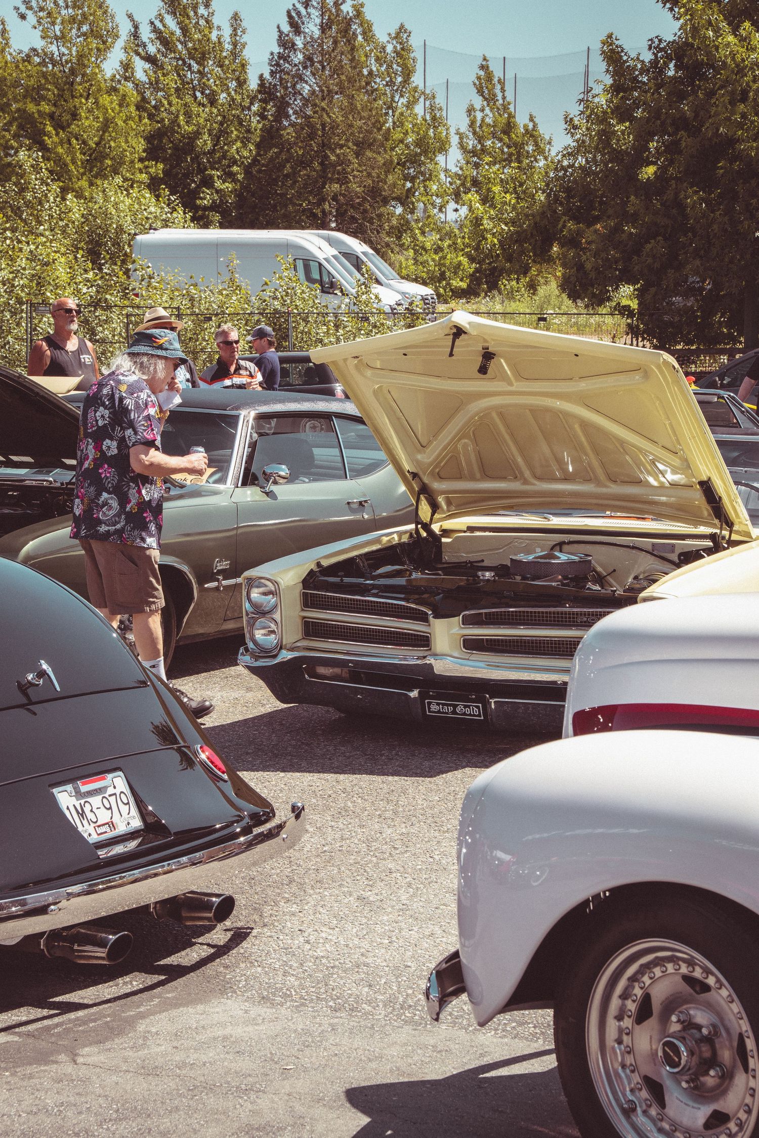 Vintage car show with classic cars, hoods open, enthusiasts browsing in sunny parking lot.