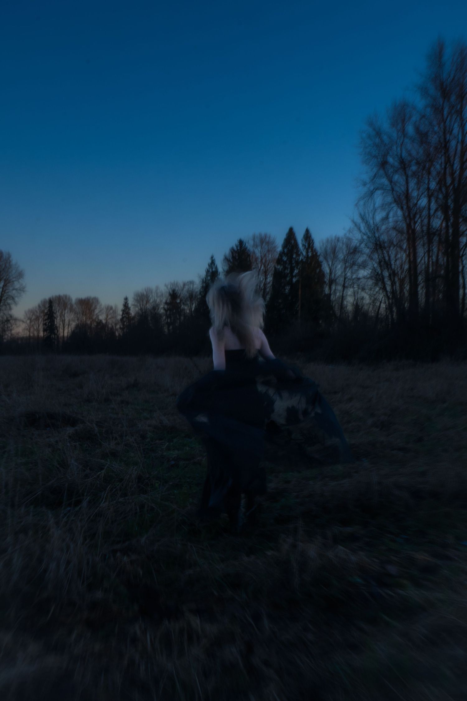 Blurry silhouette of a woman in a black dress dancing in an open field at dusk.