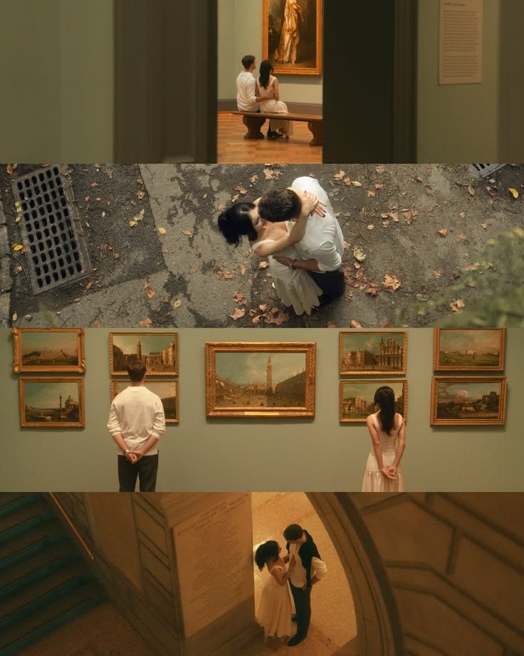 A romantic couple shares intimate moments in a museum gallery and outdoors among autumn leaves.