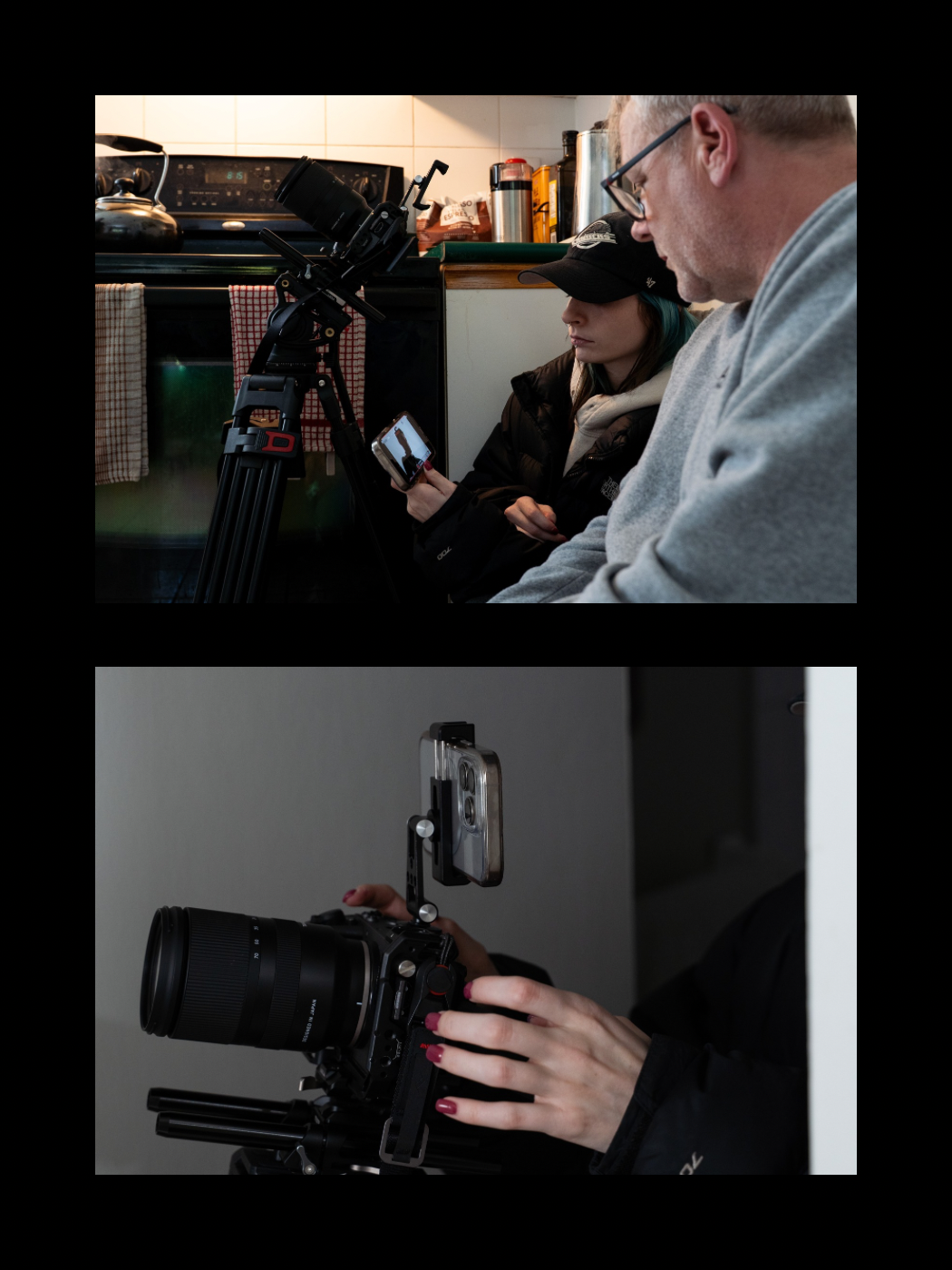 Two filmmakers reviewing camera settings and equipment during an indoor video production shoot.