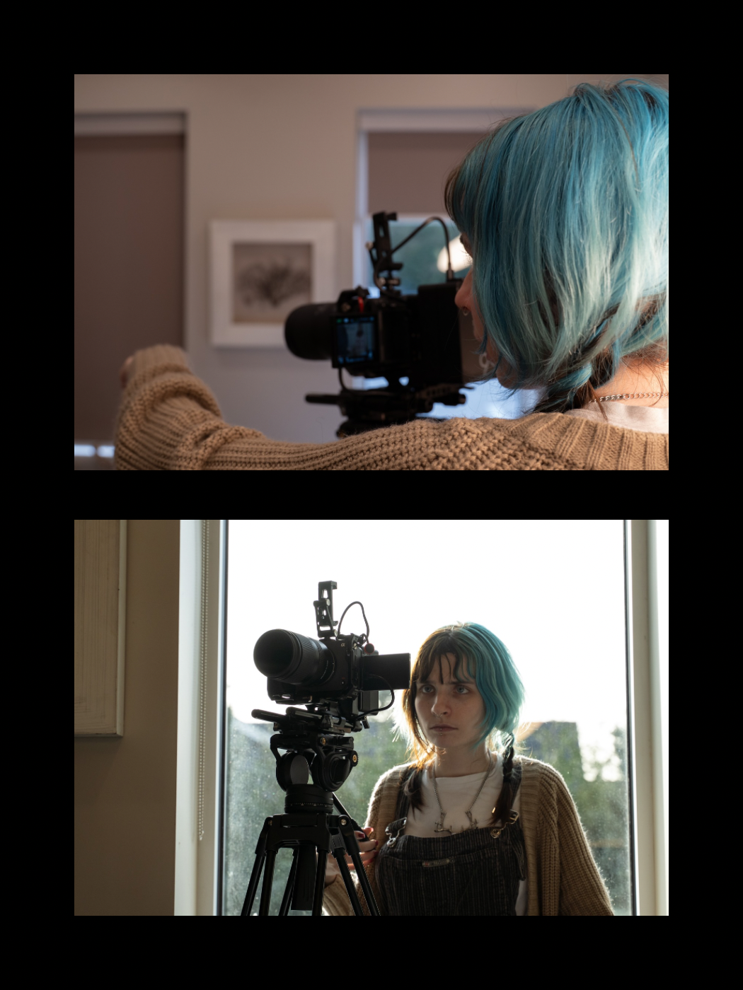 A blue-haired cinematographer looks through a professional camera viewfinder during an indoor film shoot.