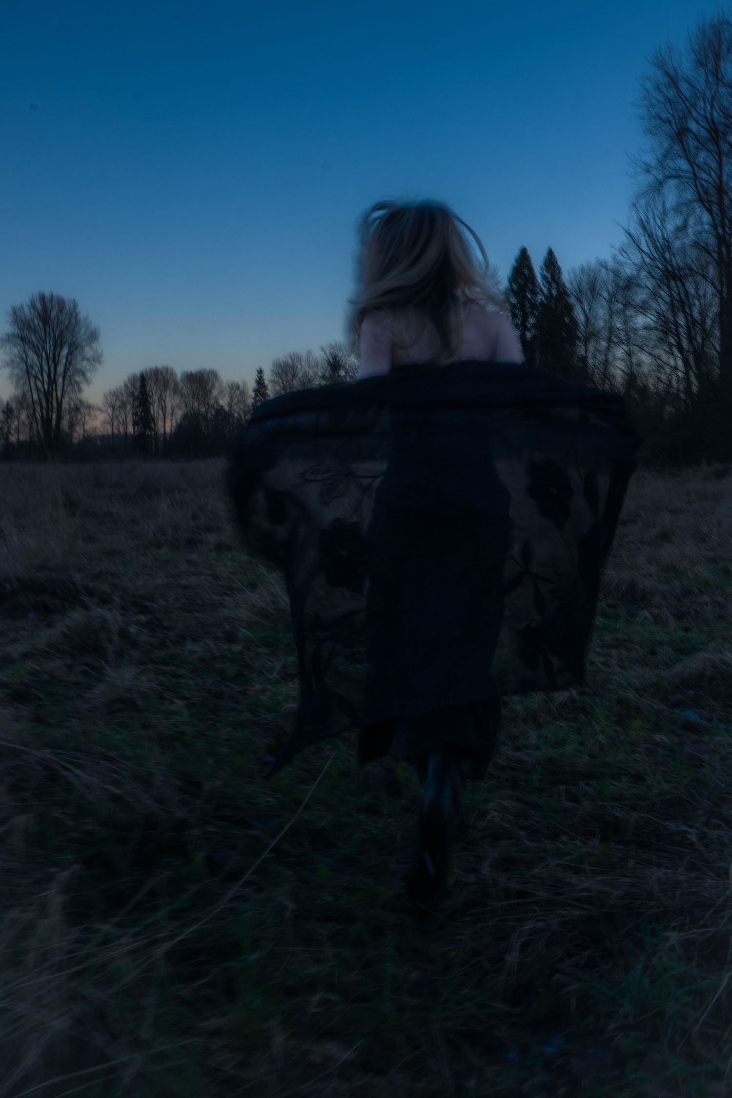 Blurry silhouette of a woman in a flowing black dress walking through a dark field at dusk.