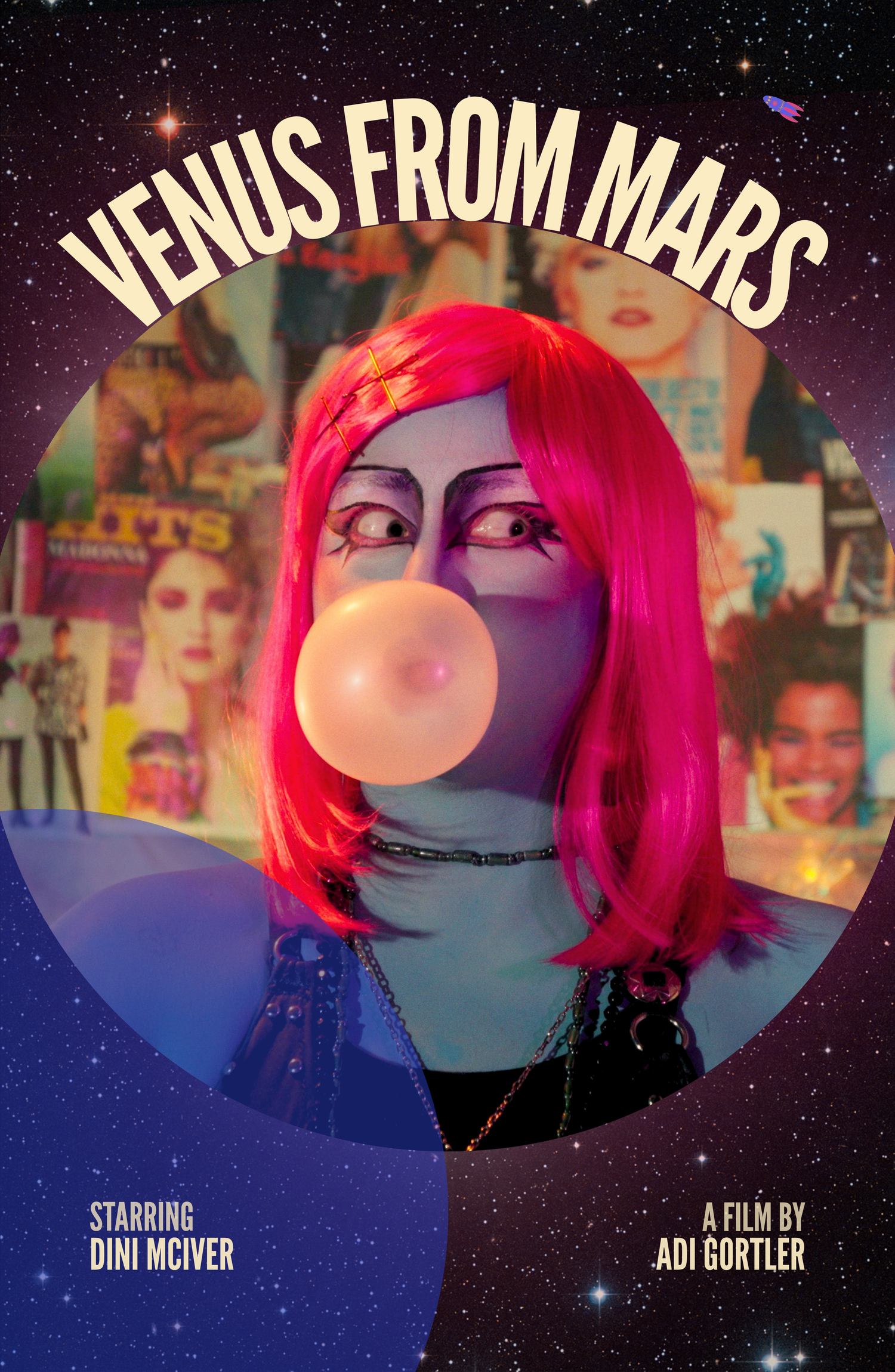 Venus From Mars film poster featuring a blue-faced person in red wig blowing bubble gum in space.