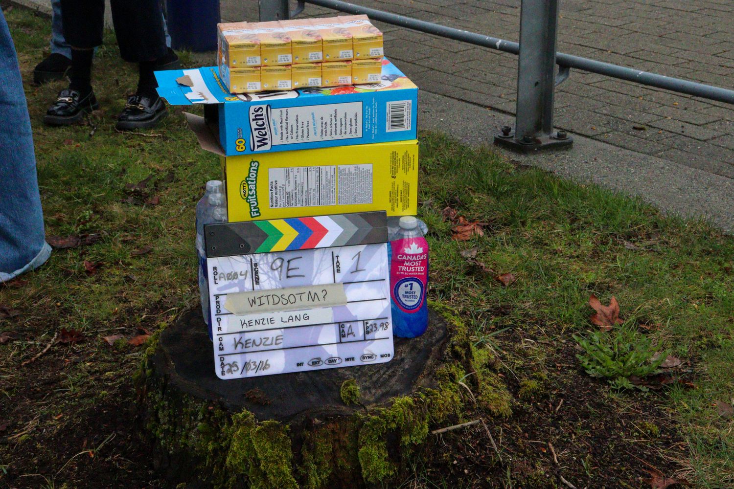 Film production clapperboard and script boxes on a tree stump at an outdoor location.