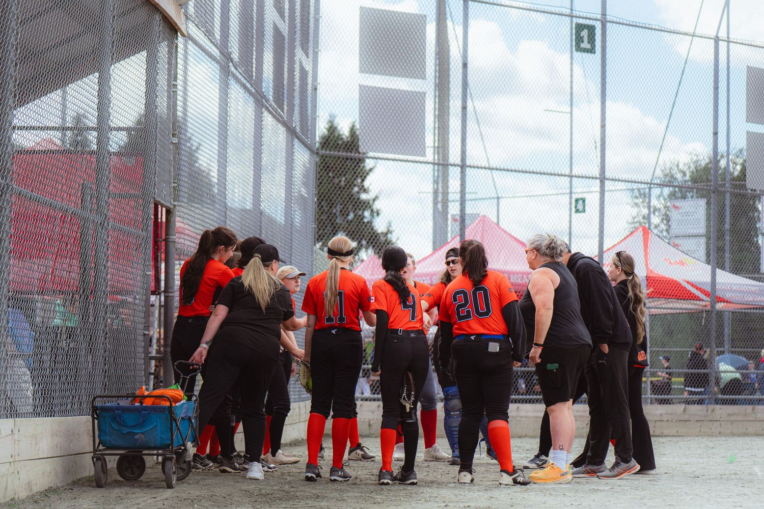 Female softball team huddles together near a fence during a game break, wearing orange and black uniforms.