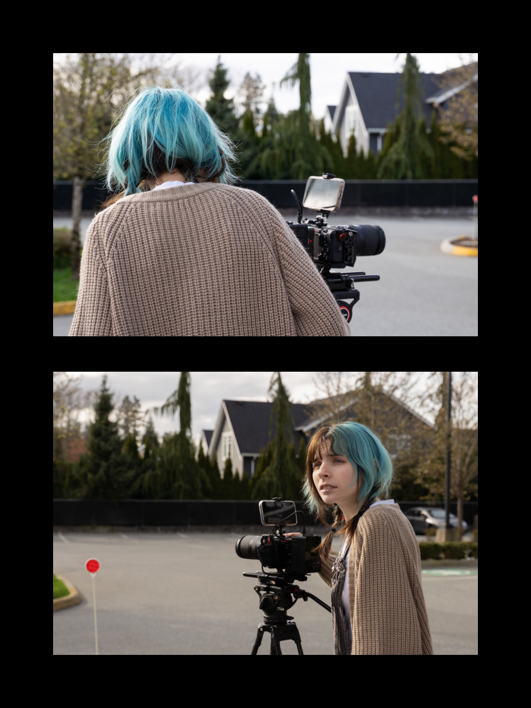 A woman with teal blue hair operates a professional film camera on a tripod outdoors in a suburban setting.