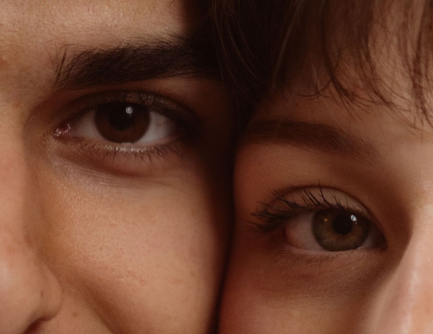 Extreme close-up portrait of two people's eyes side by side showing brown eyes and long lashes.