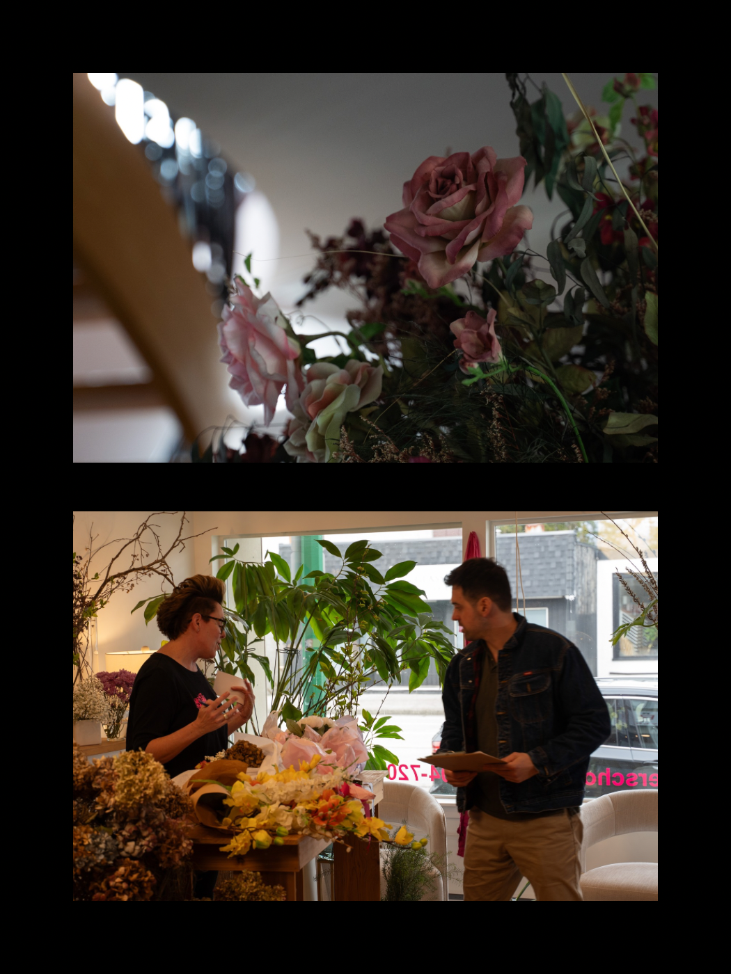 Two people discussing a film production near a colorful floral arrangement in a flower shop.