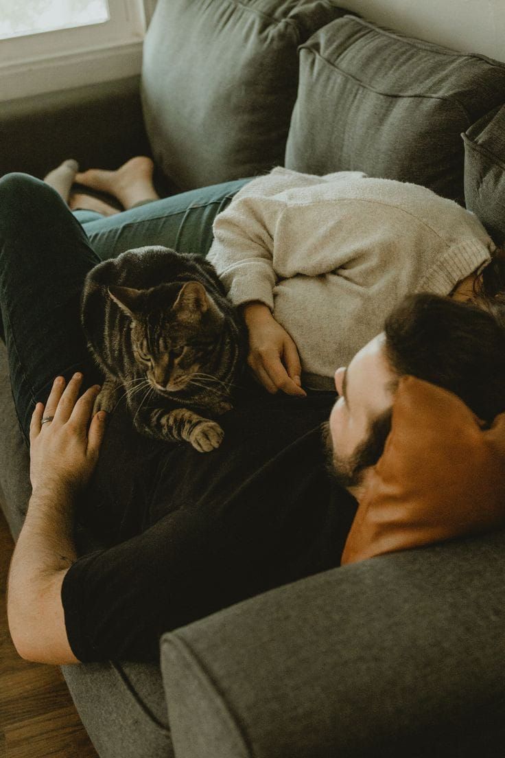 A couple relaxes on a gray couch with a tabby cat resting between them in a cozy home setting.