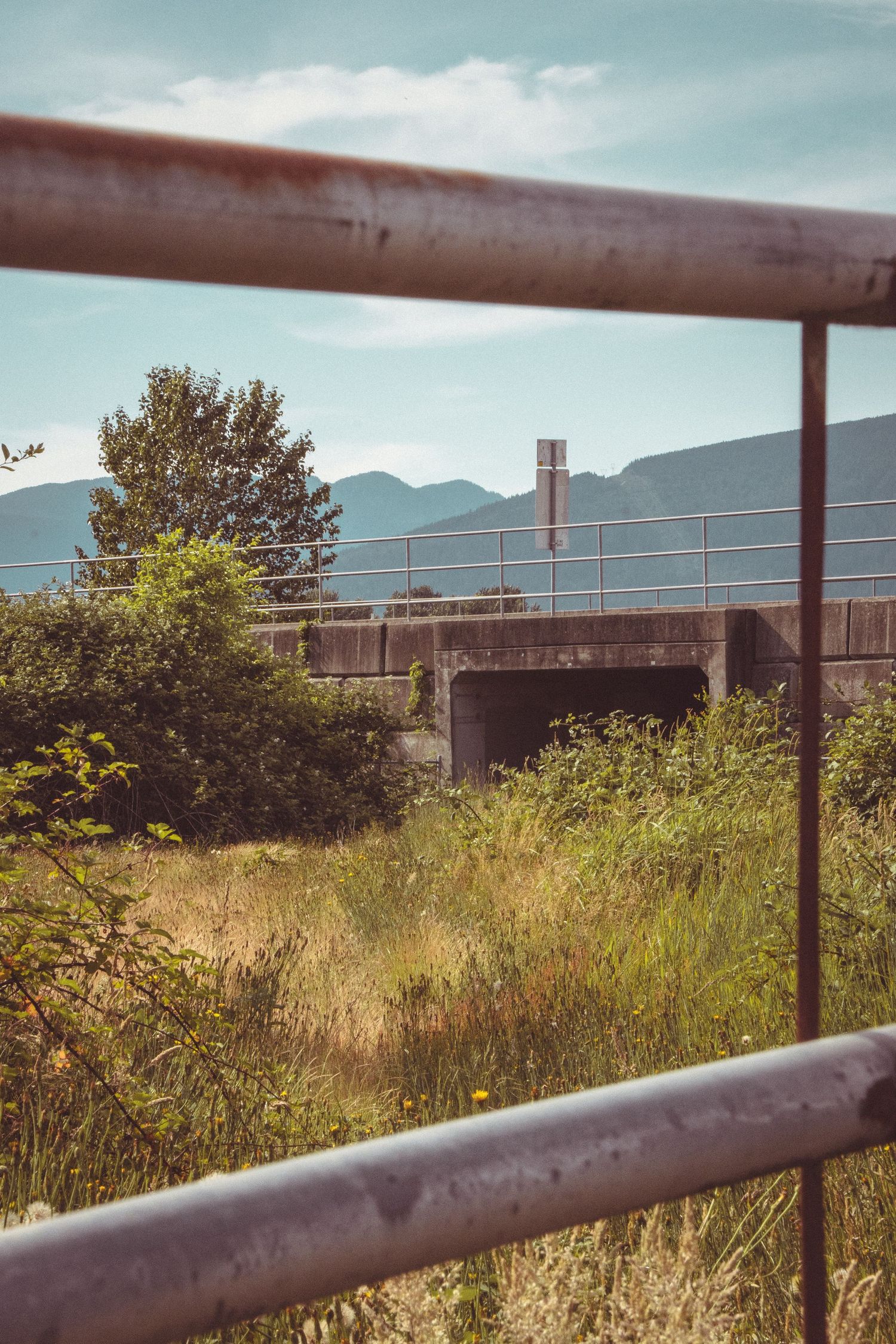 Rusty metal gate framing a concrete bridge structure, trees and distant mountains under a blue sky.