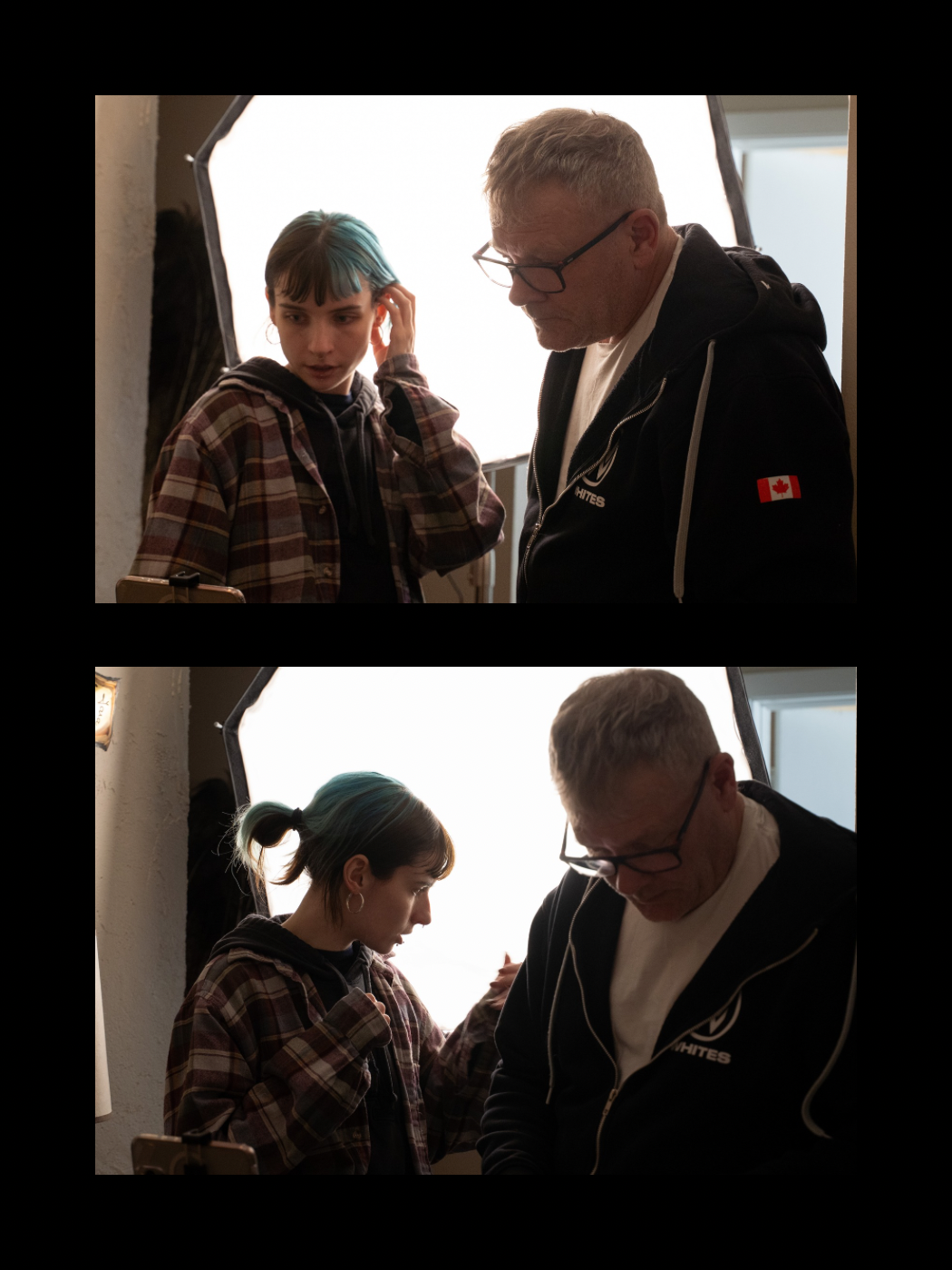 An older man with glasses reviews work with a young woman with teal hair in two behind-the-scenes film production shots.