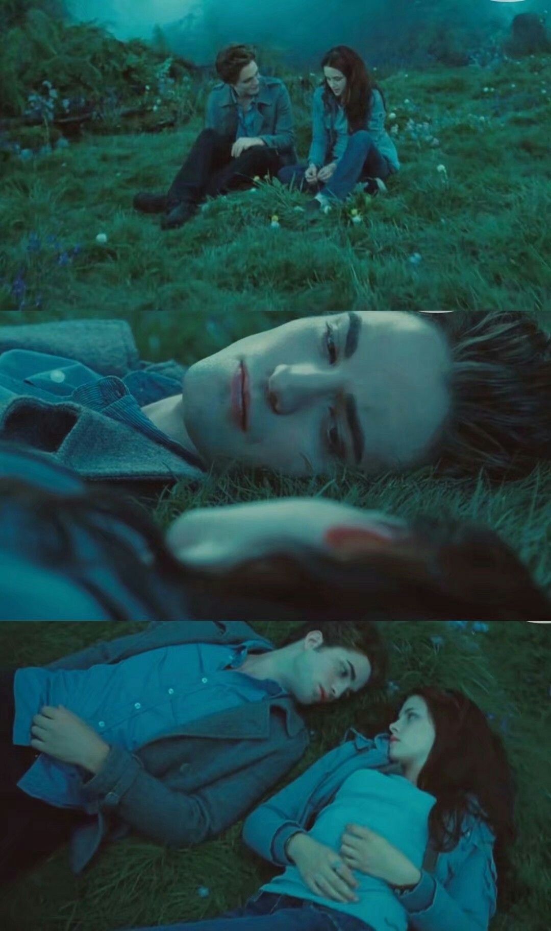 Two people lying on grass in a moody blue-tinted outdoor scene, with a close-up of a young man with a cut lip.