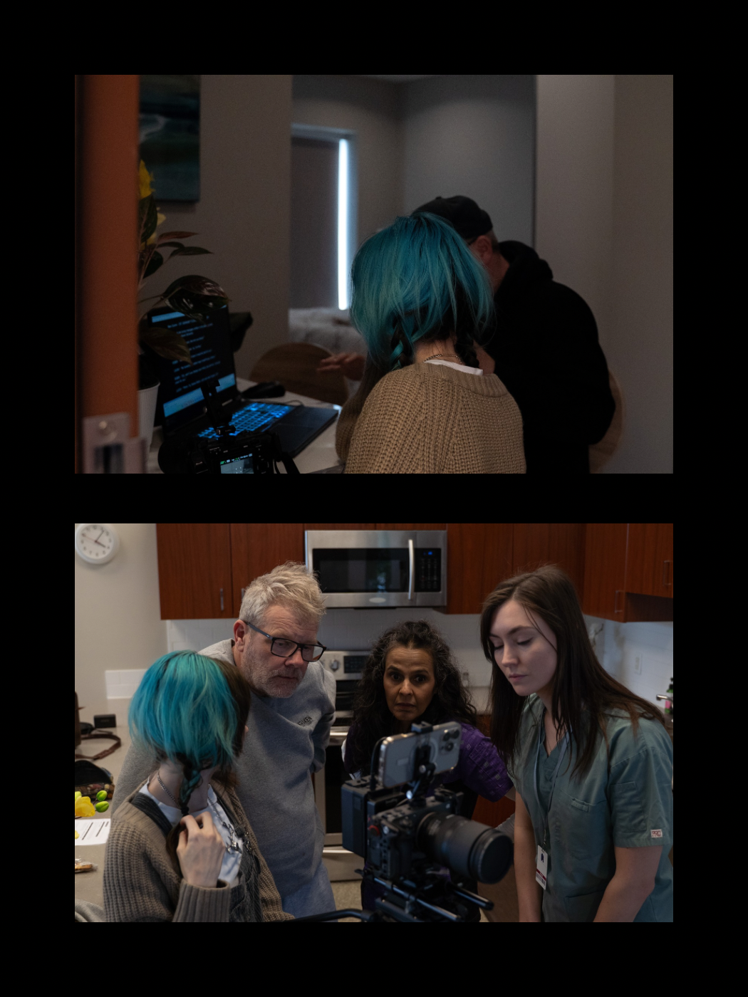 Film crew with teal-haired director reviewing footage on monitor during an indoor production shoot.