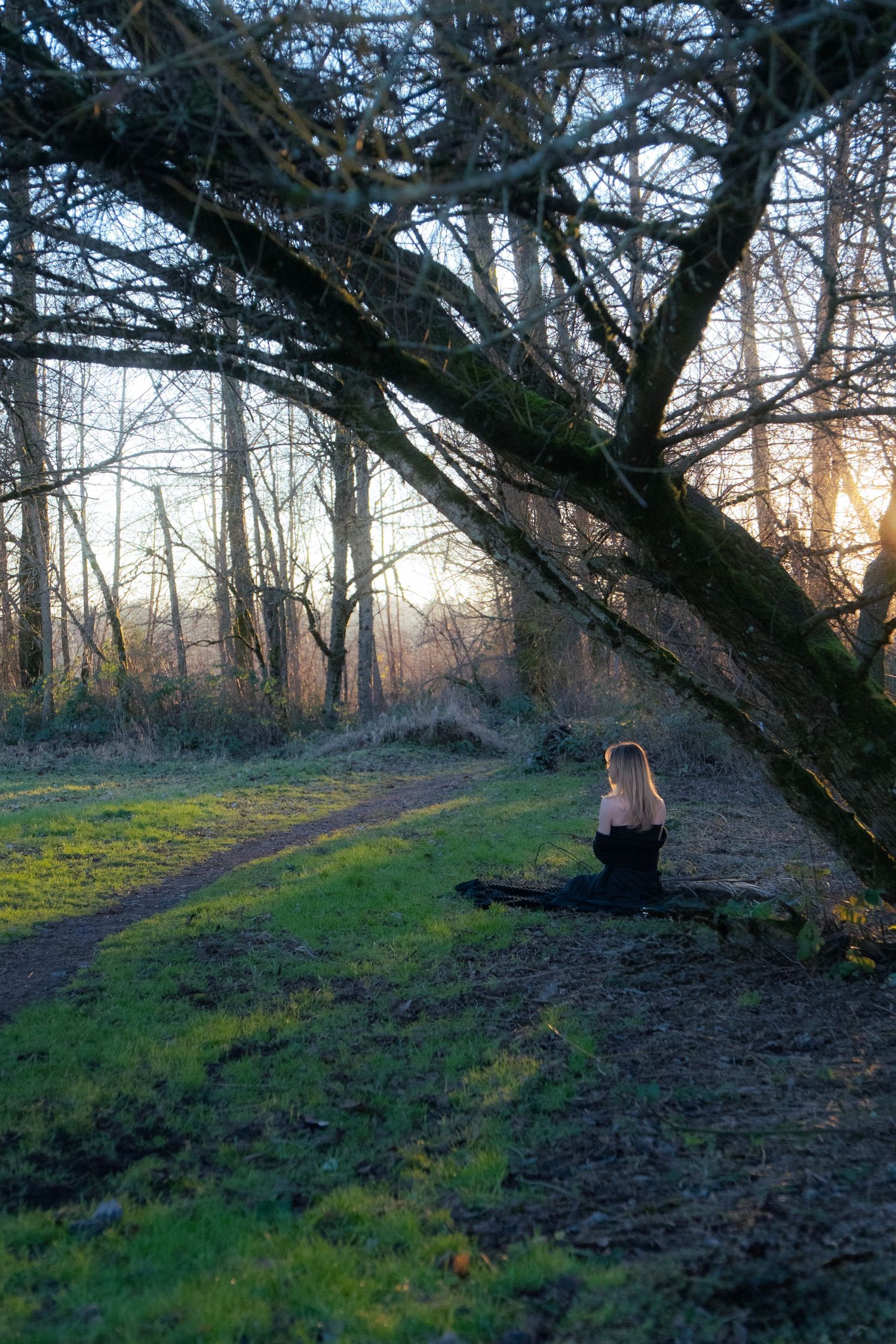 A woman with long blonde hair sits alone on a mossy log in a sunlit winter forest.