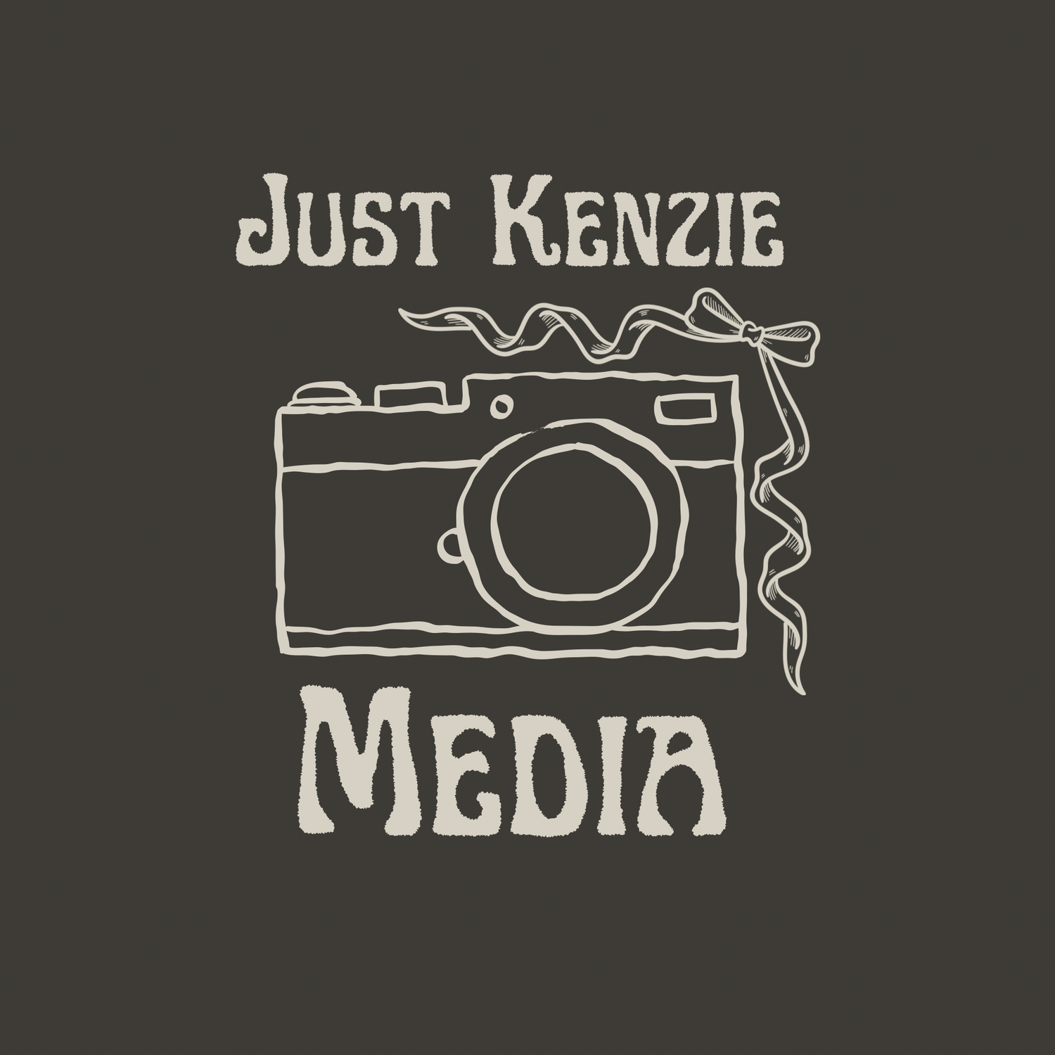 Just Kenzie Media logo featuring a hand-drawn vintage camera sketch on dark background with elegant typography.