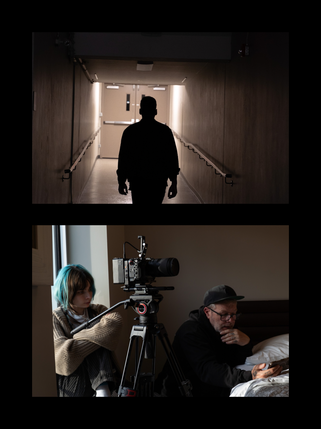 Silhouetted figure walks down a dark hallway while a film crew operates a camera in a dimly lit room below.