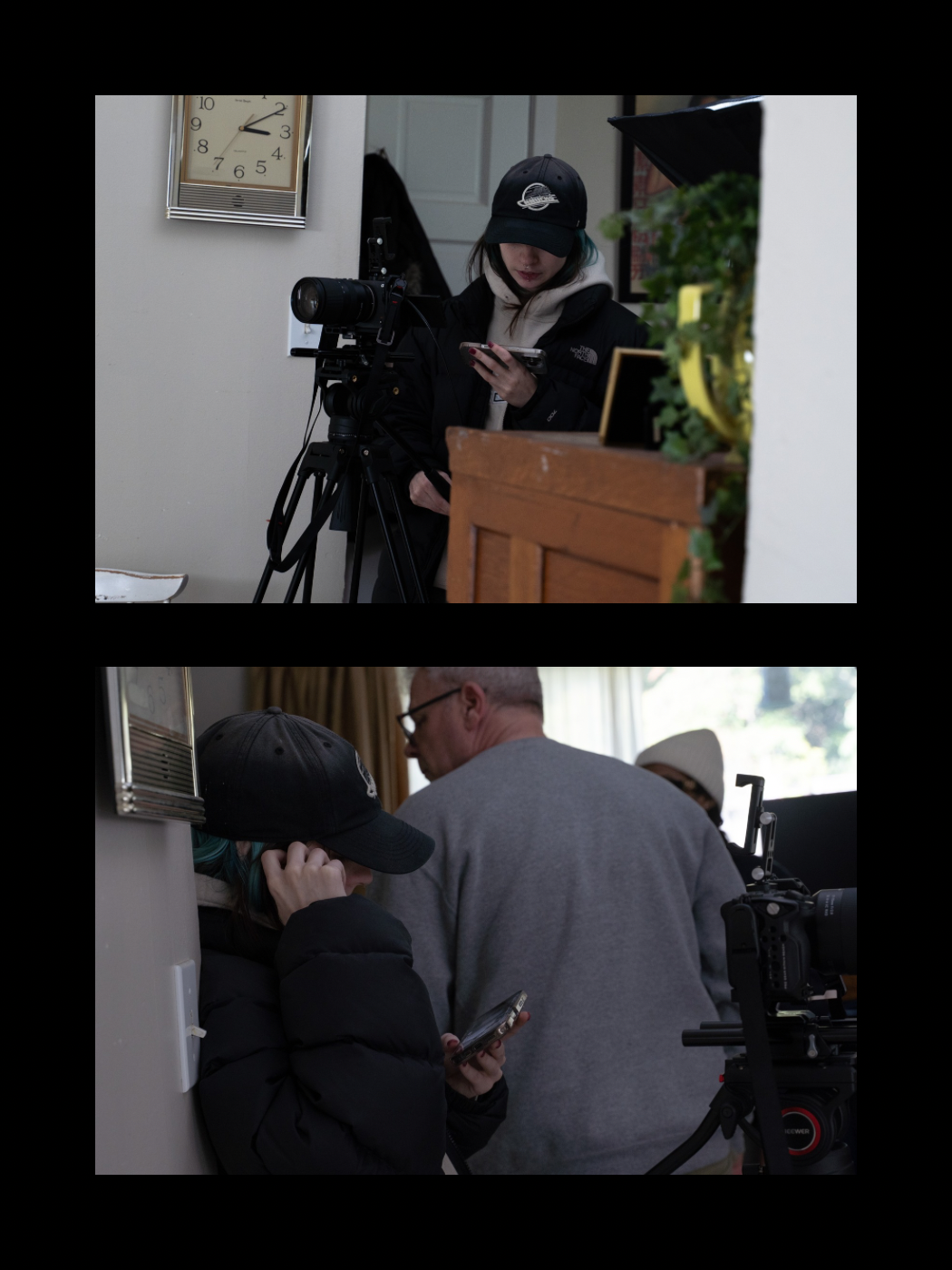 Film crew working indoors with camera equipment and tripod setup in a residential interior.