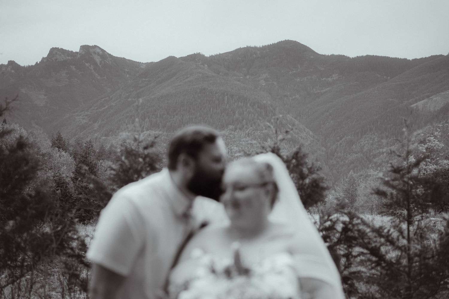 Black and white wedding photo of a couple with mountains and trees in the blurred background.