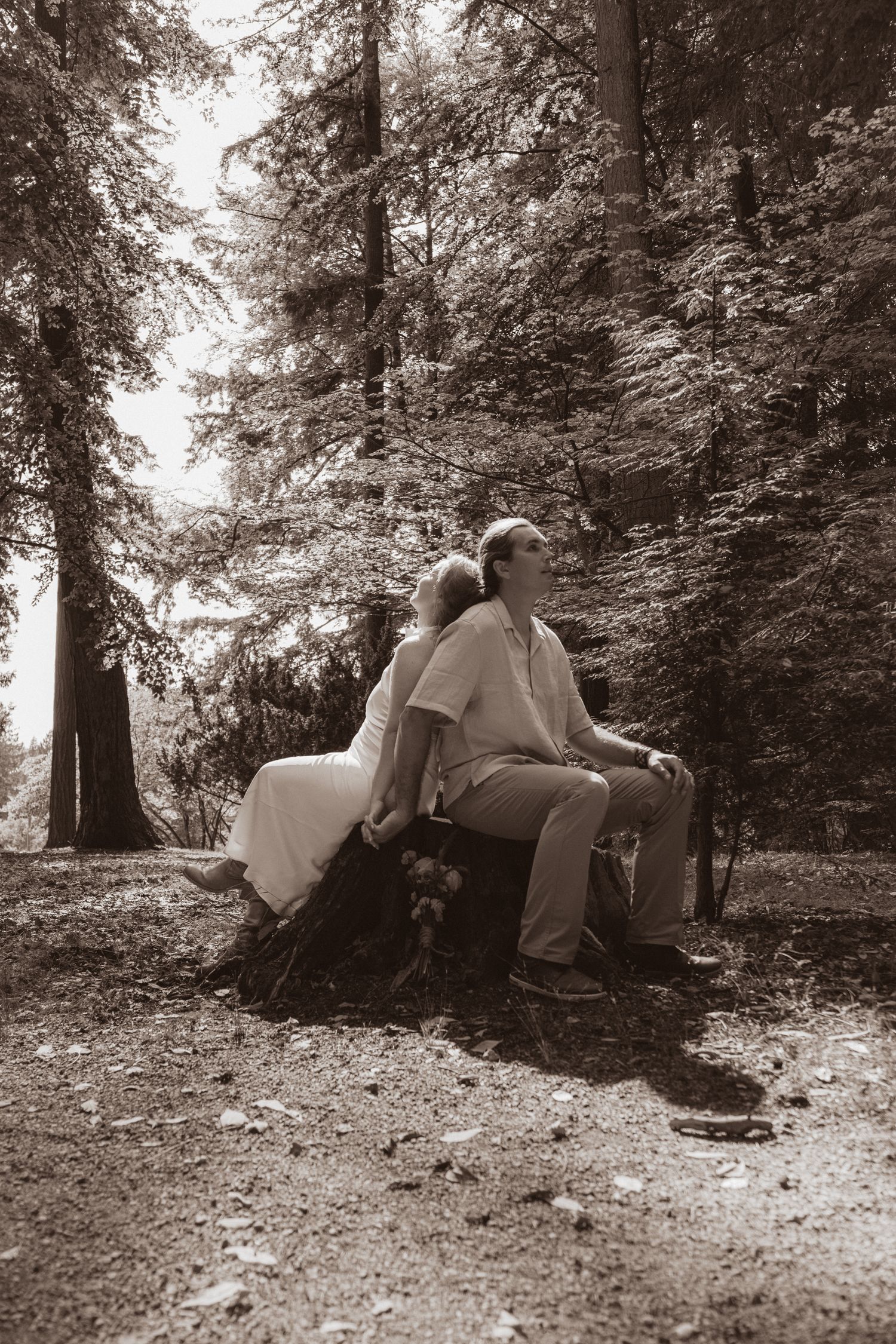 Sepia-toned photo of a couple sitting back-to-back on a log in a serene forest setting.